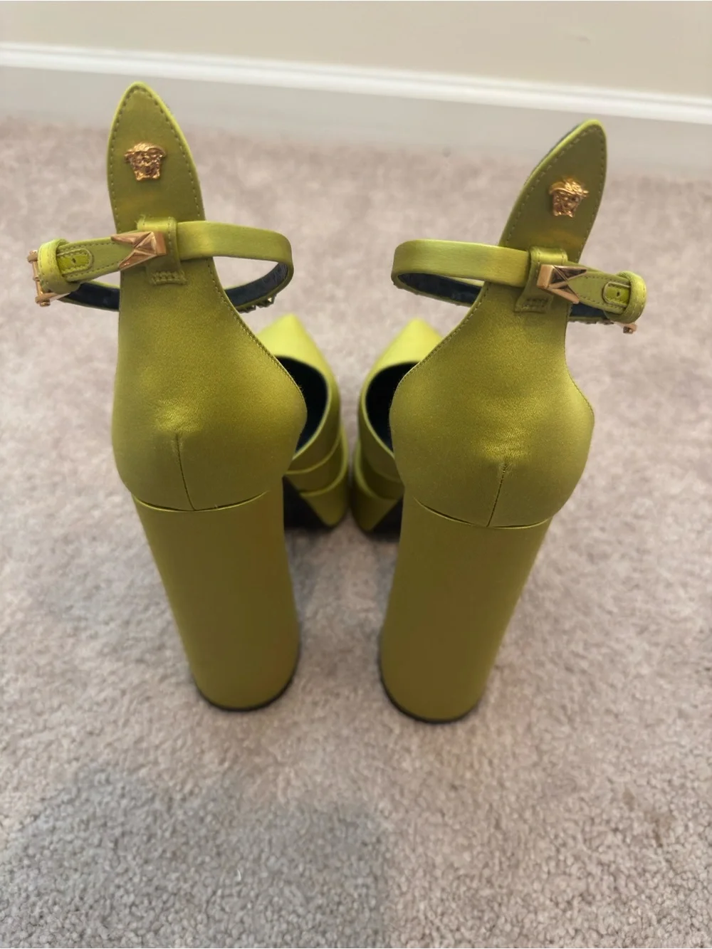 Versace Olive Green Platform Ankle-Strap Pumps with Embellished Buckle
